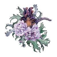 aquarelle violet iris, pivoine et feuilles isolé sur blanche. gothique floral illustration plumes main dessiné. noir botanique décoration avec fleurs. élément pour invitation, toile de fond, carte, impression vecteur