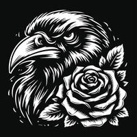 corbeau tête avec Rose fleur grunge ancien style main tiré illustration noir et blanc vecteur