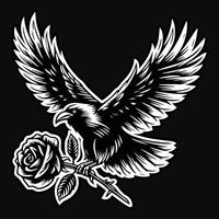 corbeau supporter avec Rose fleur grunge ancien style main tiré illustration noir et blanc vecteur