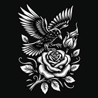 corbeau supporter avec Rose fleur grunge ancien style main tiré illustration noir et blanc vecteur