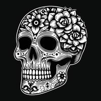 foncé art crâne tête avec fleur noir et blanc illustration vecteur