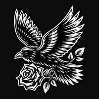 corbeau supporter avec Rose fleur grunge ancien style main tiré illustration noir et blanc vecteur