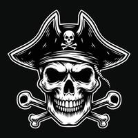 foncé art pirates crâne tête avec chapeau pirates noir et blanc illustration vecteur