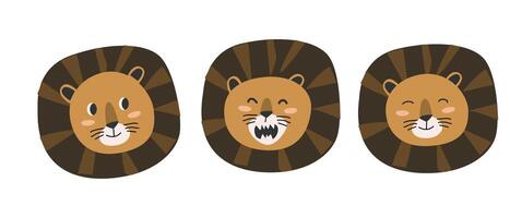 mignonne jungle sauvage animal visages - Lion têtes dans scandinave style. vecteur illustration dans plat style. isolé vecteur Icônes.
