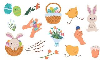 dessin animé vecteur Pâques ensemble avec des fleurs, personnages et autre les attributs