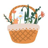 panier avec fleurs et vert feuilles. vecteur illustration dans une plat style isolé sur blanc Contexte