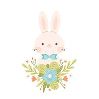 mignonne blanc lapin avec floral bouquet. Pâques et printemps personnage. vecteur