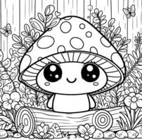 une charmant coloration page avec une mignonne champignon, Achevée avec une sucré sourire et scintillement yeux. il invite vous à Couleur il avec de bonne humeur et Créatif teintes vecteur