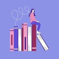 femme avec écouteurs connecté à une livre ,écoute livre audio. numérique librairie app concept ilustration vecteur