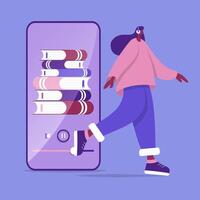 femme en marchant ruse est écoute un livre audio.numérique librairie app concept ilustration vecteur