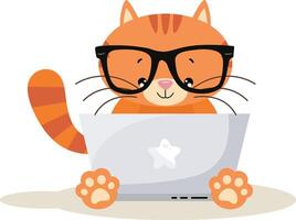 chat mignon travaillant avec un ordinateur portable vecteur