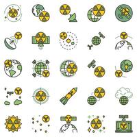 nucléaire armes dans espace concept coloré Icônes ensemble. nucléaire bombe, basé sur l'espace armes nucléaires et radiation créative vecteur panneaux
