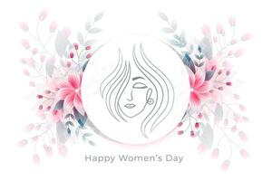 charmant aux femmes journée carte avec fleurs et ligne visage vecteur