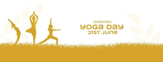 monde yoga journée fête bannière avec femmes Faire exercice sur herbe vecteur