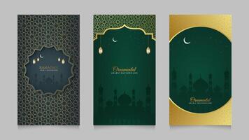 islamique arabe vert réaliste social médias histoires collection modèle avec mosquée pour Ramadan kareem vecteur