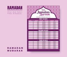 Ramadan calendrier conception modèle 2024, Ramadan calendrier, imsakia conception pour Ramadan kareem 2024 - 1445 prière fois dans Ramadan, islamique calendrier et sehri ifter temps calendrier. vecteur