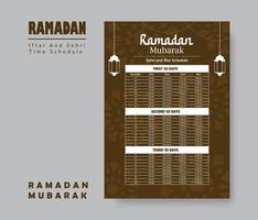 Ramadan calendrier conception modèle 2024, Ramadan calendrier, imsakia conception pour Ramadan kareem 2024 - 1445 prière fois dans Ramadan, islamique calendrier et sehri ifter temps calendrier. vecteur