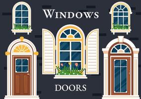 maison architecture vecteur illustration avec des portes et les fenêtres divers formes, couleurs et tailles dans plat dessin animé Contexte