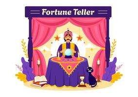 fortune caissier vecteur illustration avec cristal balle, la magie livre ou tarot pour prédit sort et récit le futur concept dans plat dessin animé Contexte