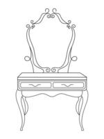 pansement table et autre meubles. pansement pièce dans contour style. intérieur pièce avec miroir vanité maquillage et accessoires. vecteur illustration.