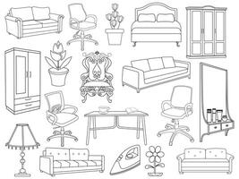 collection de élégant moderne meubles et Accueil intérieur décorations de branché. cuisine, chambre à coucher, canapé tableau, bibliothèque placard, chaise, matelas, les lampes, meubles vecteur illustration ensemble.