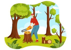 Charpente vecteur illustration avec homme couper bois et arbre avec bûcheron travail équipement machinerie ou tronçonneuse à forêt dans plat dessin animé Contexte