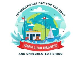 international journée pour le bats toi contre illégal, non signalé et non réglementé pêche vecteur illustration avec barre poisson dans plat dessin animé Contexte