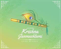 krishna janmastami salutation vœux carte avec flûte et paon plume vecteur