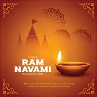 RAM navami Festival salutation avec réaliste diya et temple vecteur