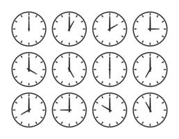 ensemble de rond horloges montrant divers temps. Facile et minimaliste vecteur illustration. le l'horloge spectacles différent temps dans une journée.