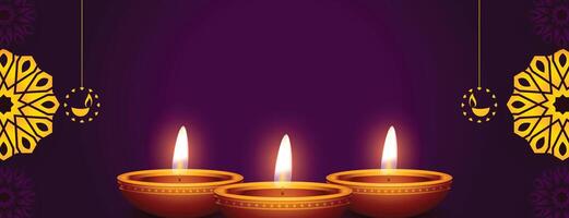 réaliste embrasé diya et texte espace violet bannière pour diwali Festival vecteur