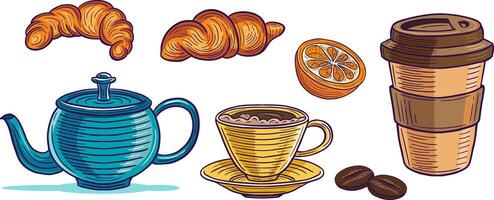 main tiré thé, croissant et café coloré vecteur