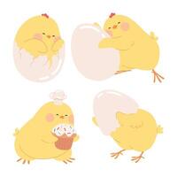 mignonne dessin animé poulet ensemble. Pâques Jaune poussins éclos de des œufs. marrant bébé ferme oiseau personnages. vecteur illustration isolé sur une blanc Contexte pour Pâques cartes, bannières, et autocollants.