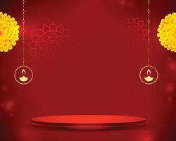 traditionnel shubh diwali rouge Contexte avec 3d podium et floral conception vecteur