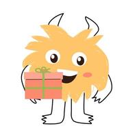 mignonne monstre bébé personnage avec cadeau boîte pour anniversaire carte vecteur
