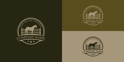 cheval silhouette derrière en bois clôture paddock pour ancien rétro rustique campagne occidental pays ferme ranch logo conception présenté avec plusieurs Contexte couleurs. le logo est adapté pour ferme logo vecteur