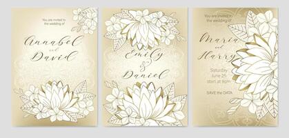 ensemble de 3 mariage cartes. d'or contour de fleurs. art de la nature. vecteur