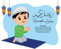 mignonne musulman garçon séance sur le prière couverture tandis que prier dans ramadhan mois vecteur
