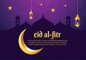 eid Al fitr salutation carte avec croissant lune et lanternes vecteur