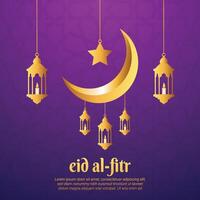 eid Al fitr salutation carte avec croissant lune et lanternes vecteur