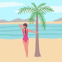 fille sur le plage, femme détient sur une paume arbre, regards en dehors à le mer. illustration pour arrière-plans et emballage. image pouvez être utilisé pour carte, affiche et autocollant. isolé sur blanc Contexte. vecteur