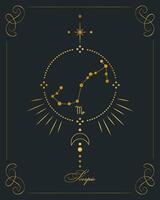 affiche d'astrologie magique avec constellation de scorpion, carte de tarot. dessin doré sur fond noir. illustration verticale, vecteur