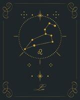 affiche d'astrologie magique avec constellation du lion, carte de tarot. dessin doré sur fond noir. illustration verticale, vecteur