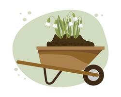 jardinage, jardin brouette avec perce-neige fleurs. icône, printemps illustration, vecteur