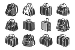 une ensemble de main tiré différent Sacs, sacs à dos et les valises pour Voyage et tourisme dans un gravure style. vecteur
