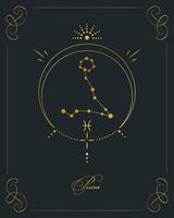 affiche d'astrologie magique avec constellation de poissons, carte de tarot. dessin doré sur fond noir. illustration verticale, vecteur