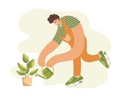 homme personnage avec arrosage pouvez et mis en pot plante d'appartement. plante se soucier. plat illustration, vecteur