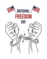 journée nationale de la liberté aux états-unis. mains avec menottes appelées et drapeaux américains avec texte. bannière, affiche, vecteur
