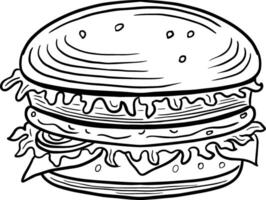 Burger sandwich main tiré gravé esquisser dessin vecteur