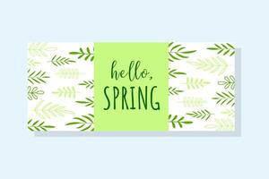 horizontal bannière avec main tiré feuilles et une inscription Bonjour printemps. minimaliste style, griffonnage style. vecteur